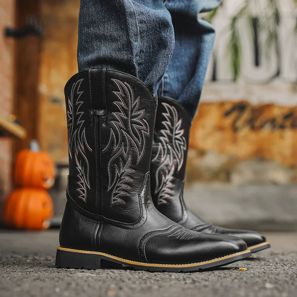 Men’s Mid-Calf Cowboy Boots | Embroidered, Durable Square Toe Design for Everyday Wear and Riding