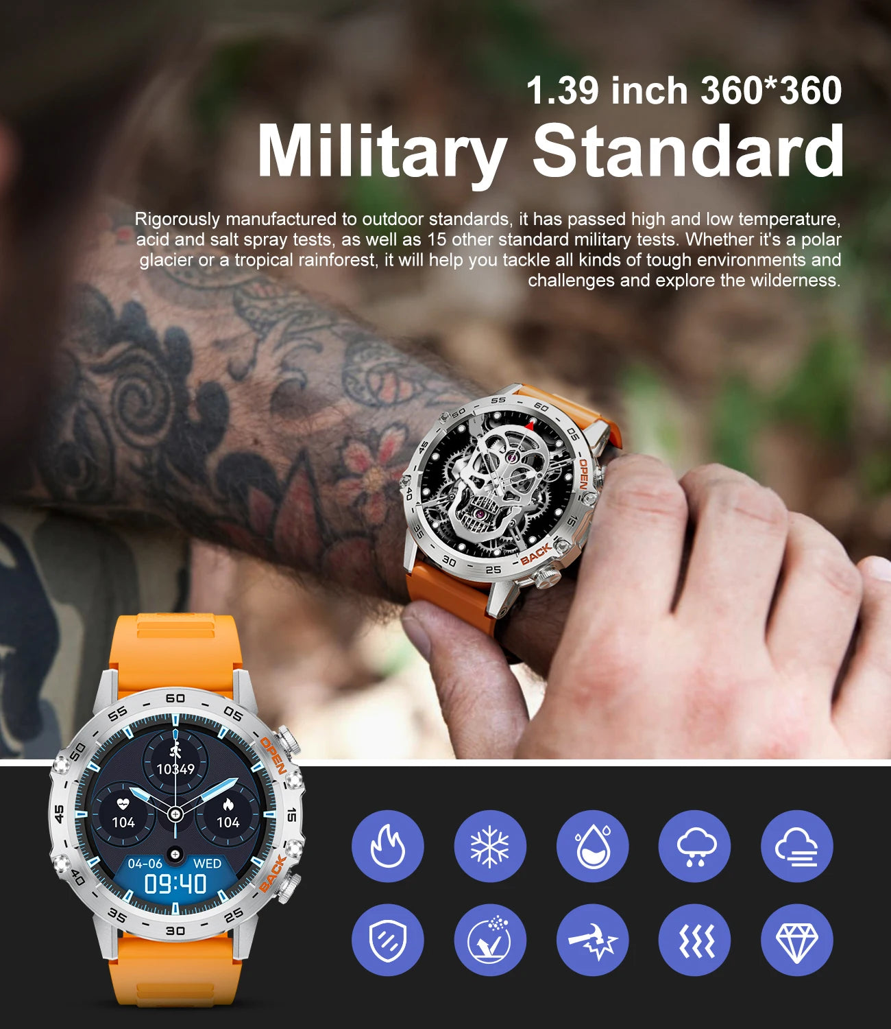 Smartwatch Sport Watch mit Herzfrequenz – Robuste Herrenuhr im Militärstil für Outdoor und Fitness