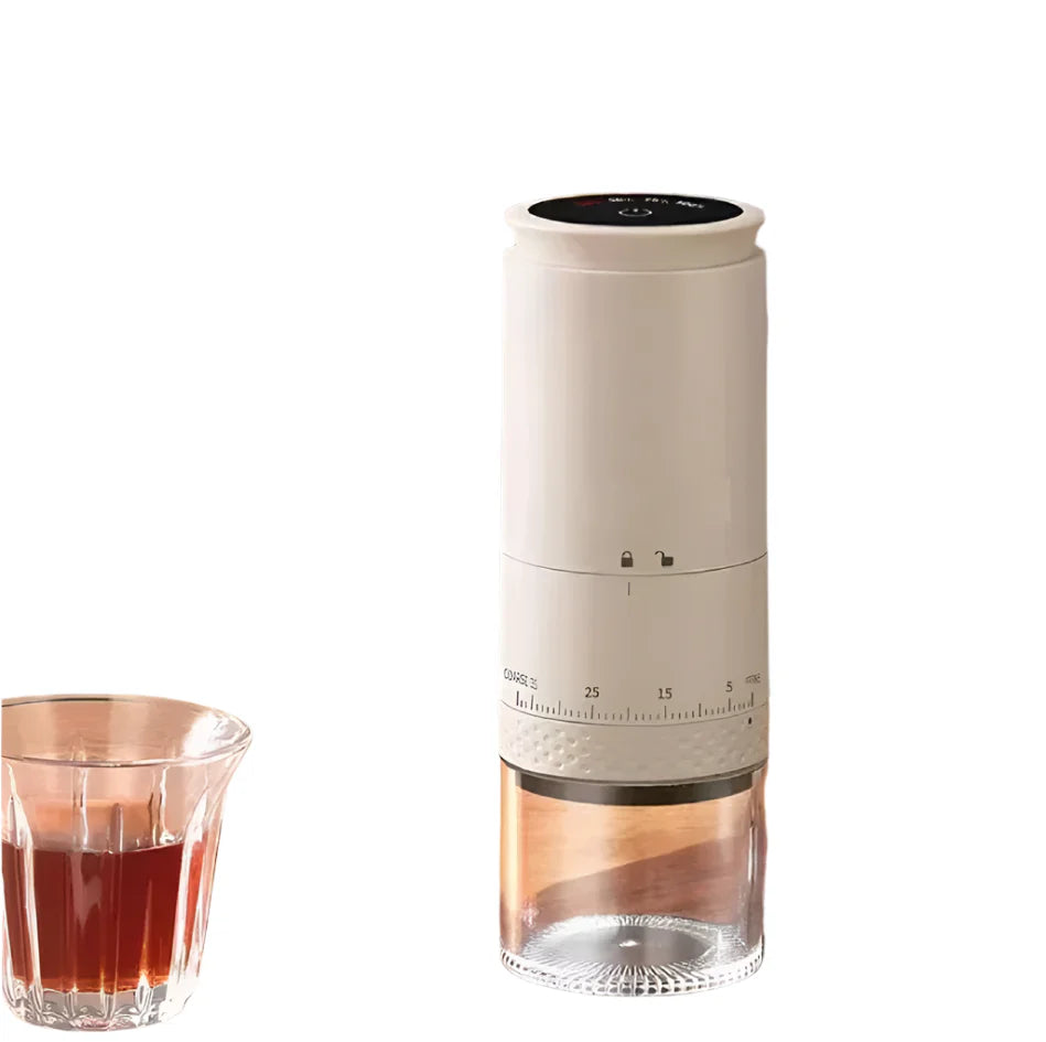 Elektrische Kaffeemühle klein mit einstellbarem Mahlgrad – Tragbares Modell in Weiß für frischen Kaffeegenuss
