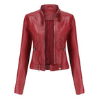 Women's Leather Jacket | Snap-Tab High Collar, Zip Closure & Belted for Casual or Night-Out Styling