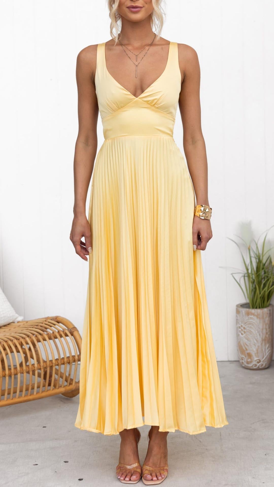 Yellow Pleated V-Neck Dress | Flattering Fit with Adjustable Straps for Women’s Formal & Casual Occasions