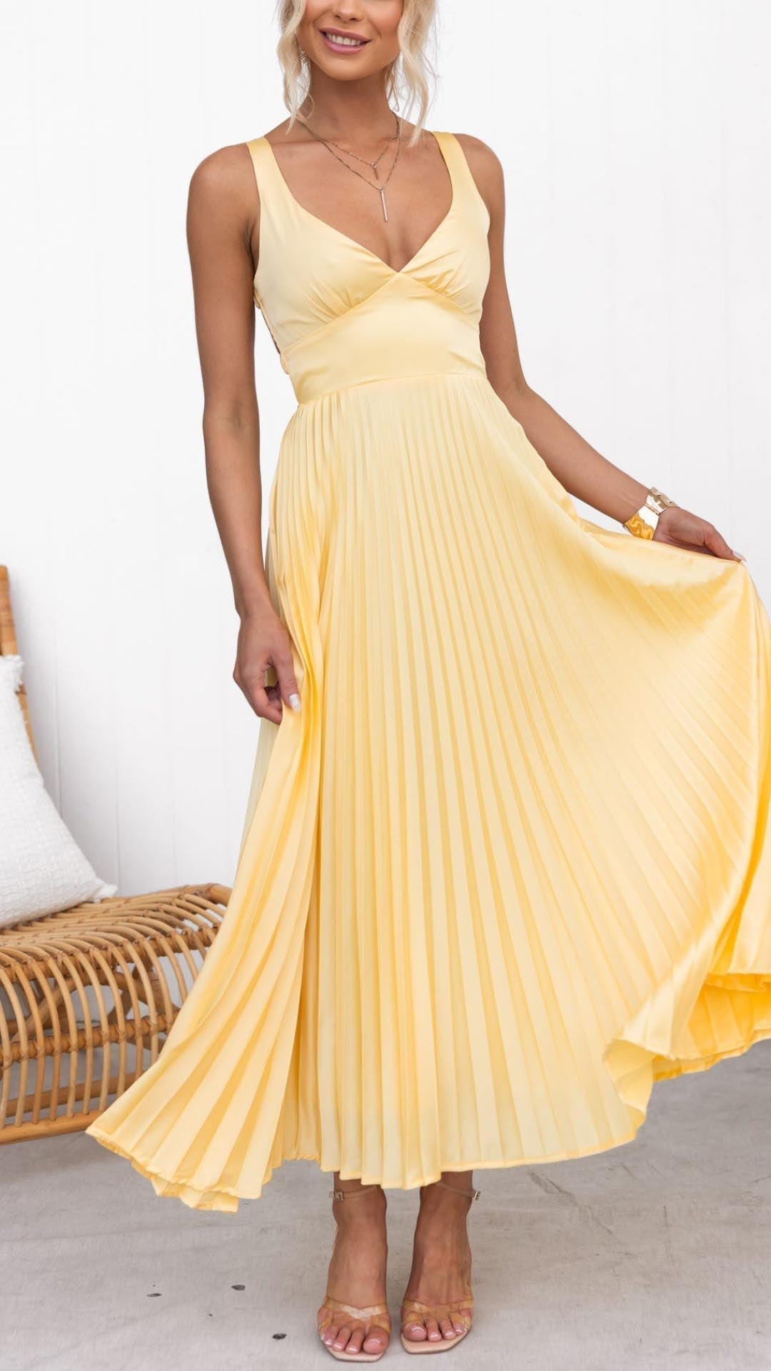 Yellow Pleated V-Neck Dress | Flattering Fit with Adjustable Straps for Women’s Formal & Casual Occasions