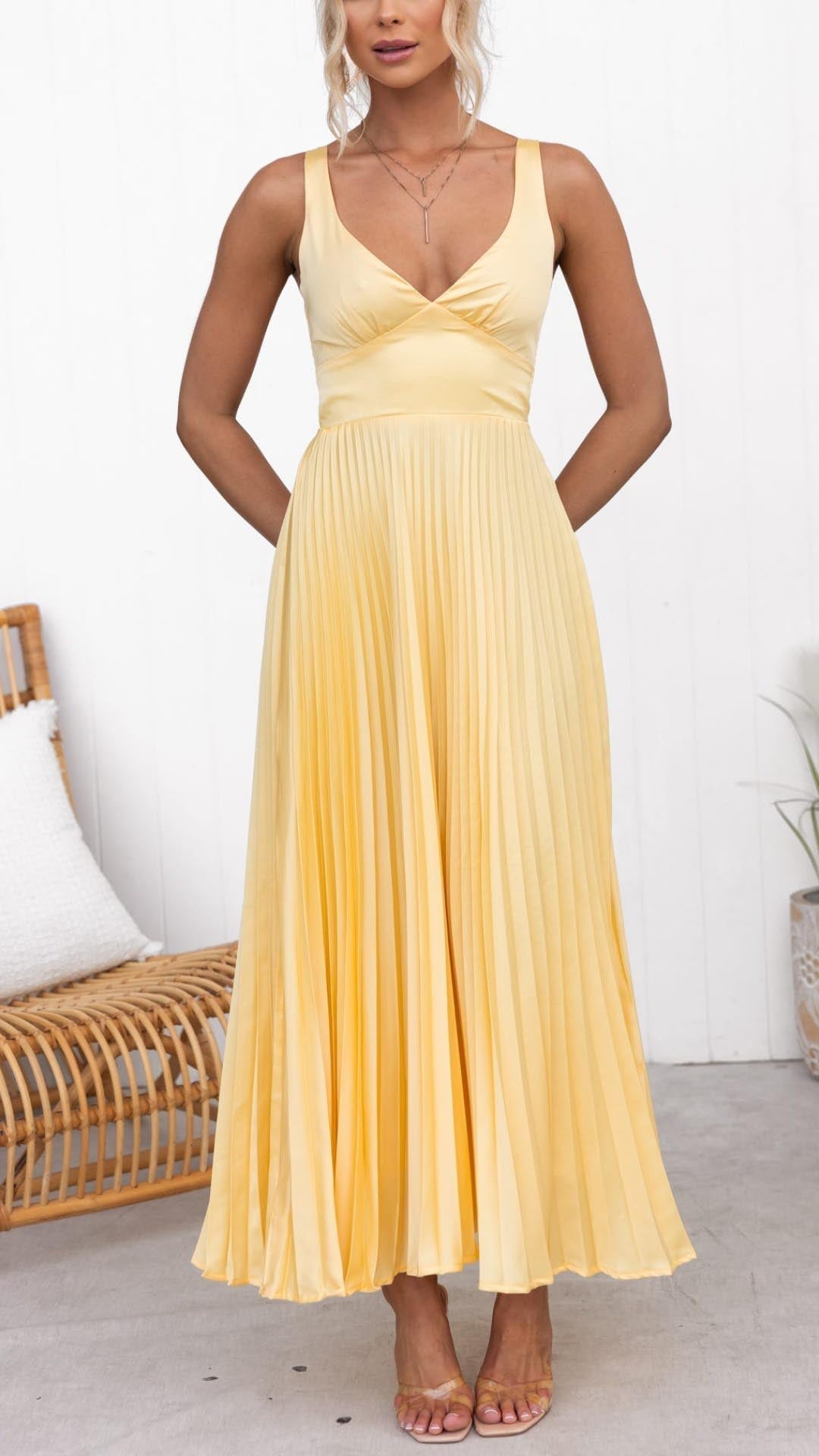 Yellow Pleated V-Neck Dress | Flattering Fit with Adjustable Straps for Women’s Formal & Casual Occasions