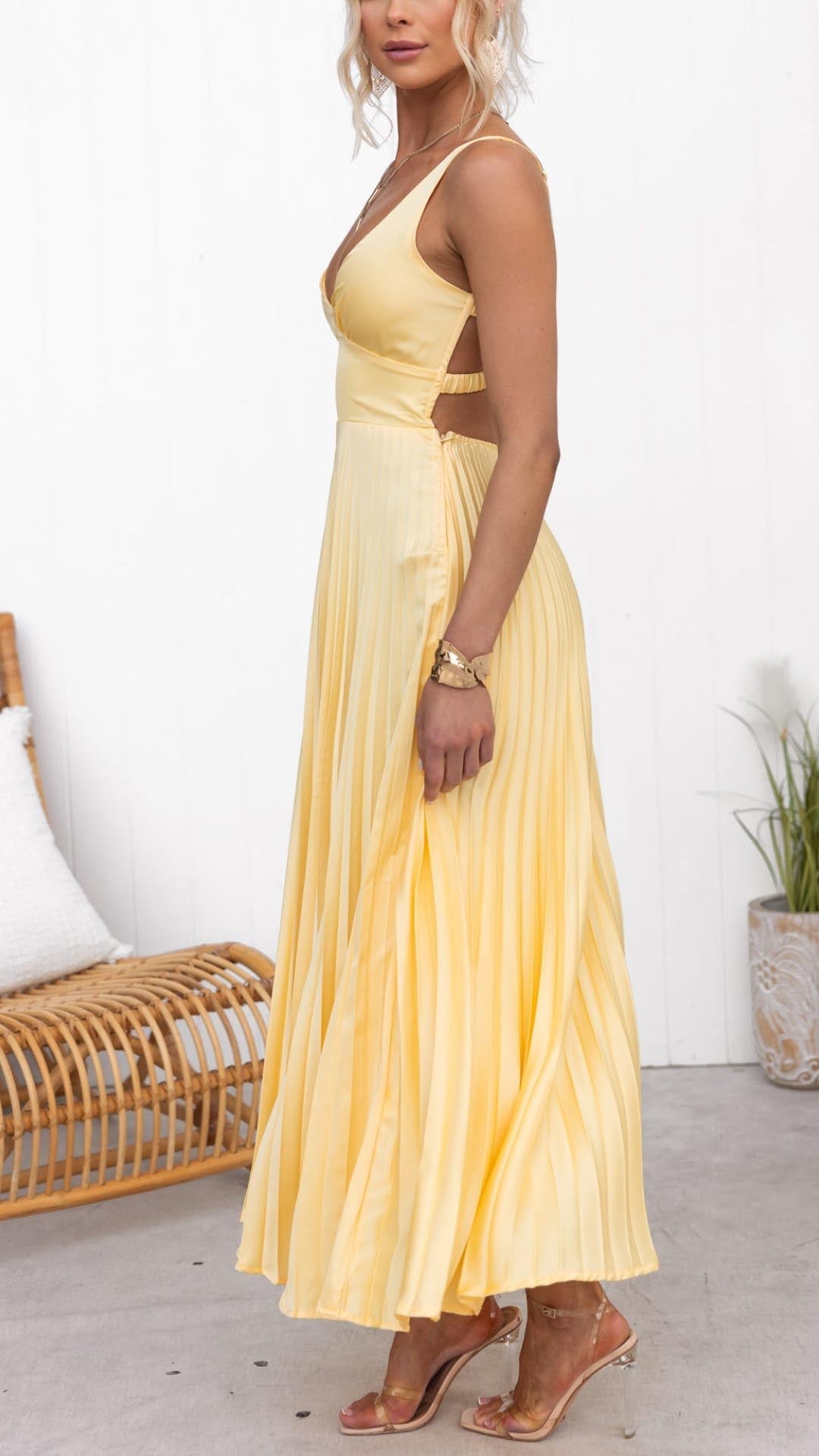 Yellow Pleated V-Neck Dress | Flattering Fit with Adjustable Straps for Women’s Formal & Casual Occasions