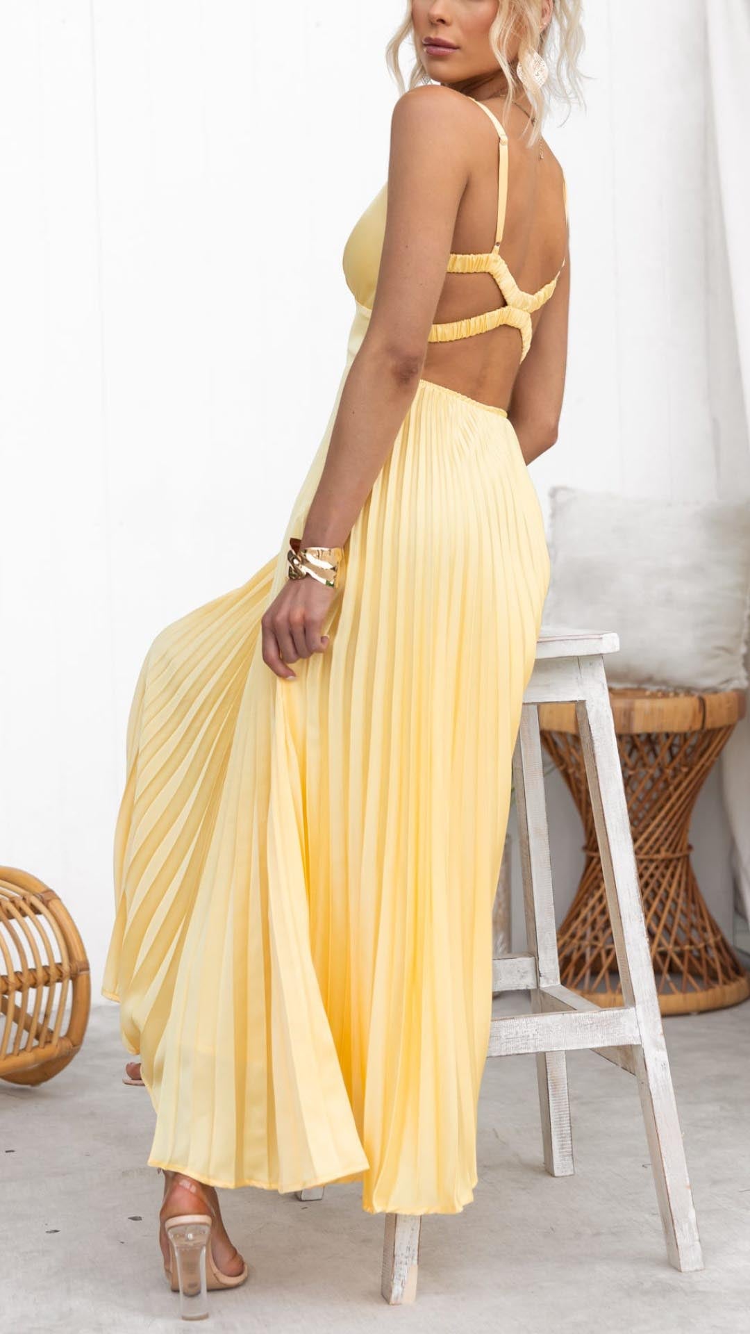Yellow Pleated V-Neck Dress | Flattering Fit with Adjustable Straps for Women’s Formal & Casual Occasions