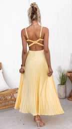 Yellow Pleated V-Neck Dress | Flattering Fit with Adjustable Straps for Women’s Formal & Casual Occasions