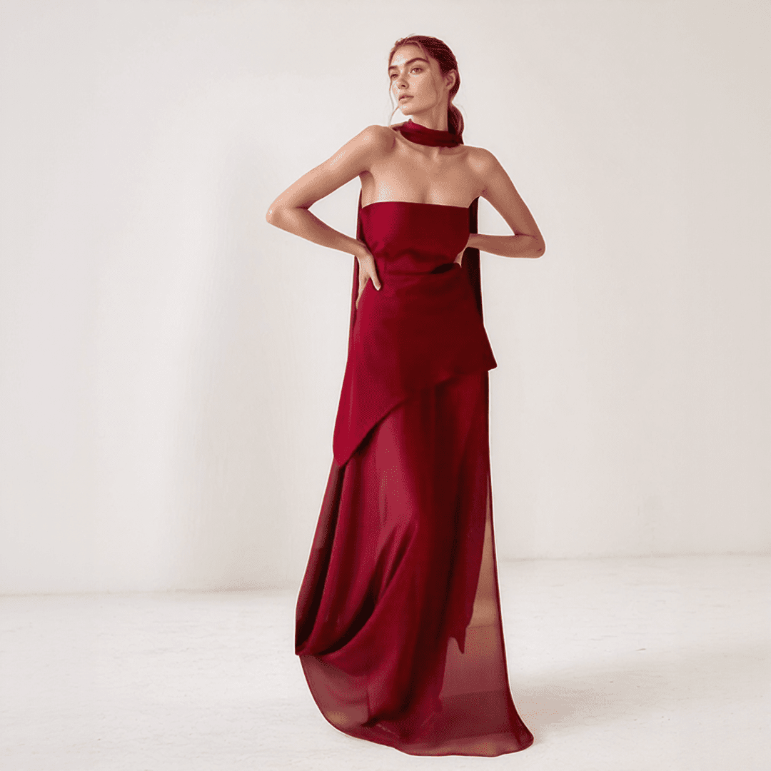 One-Shoulder Chiffon Gown | Draped Scarf Accent & High-Low Hem for Weddings and Formal Events