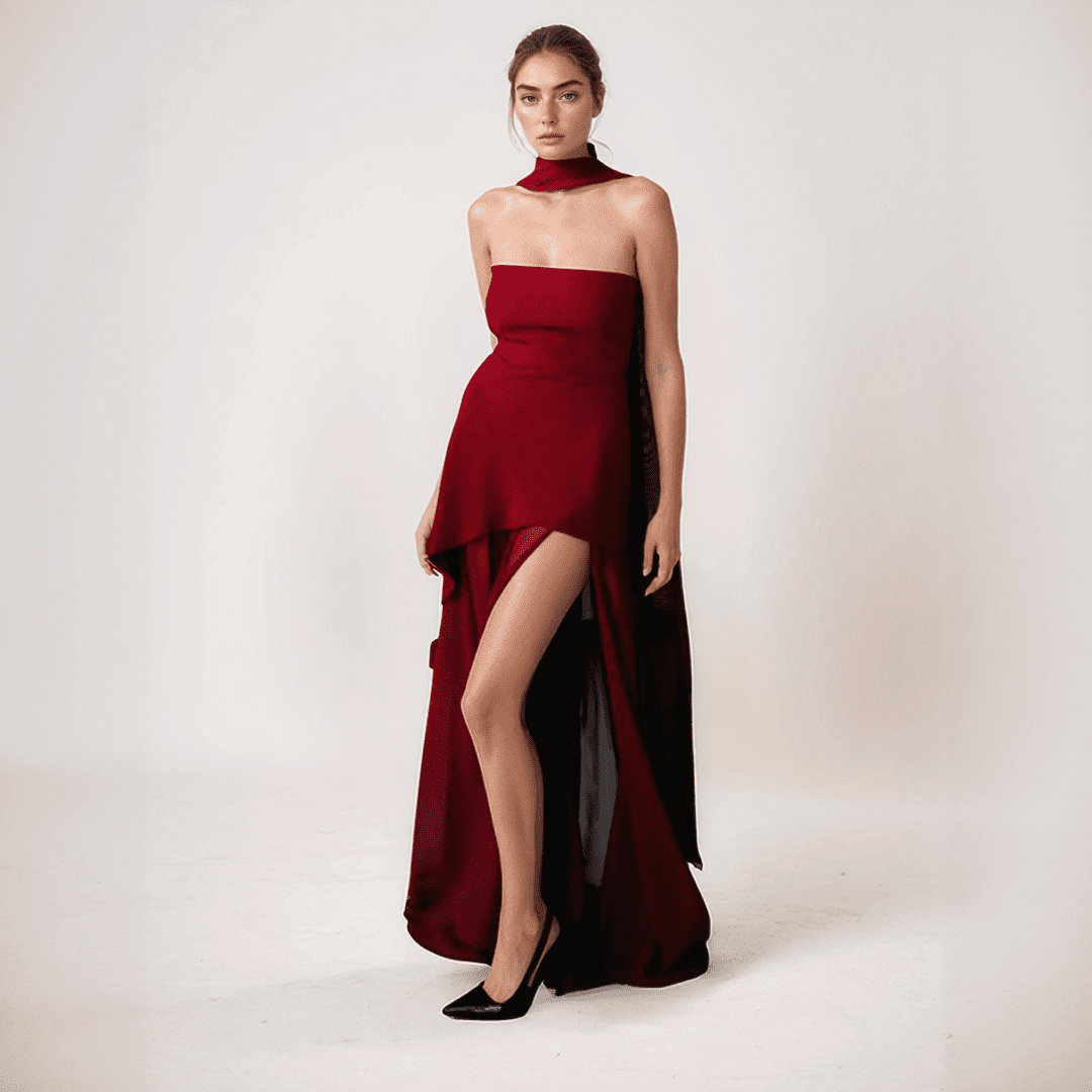 One-Shoulder Chiffon Gown | Draped Scarf Accent & High-Low Hem for Weddings and Formal Events