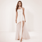 One-Shoulder Chiffon Gown | Draped Scarf Accent & High-Low Hem for Weddings and Formal Events
