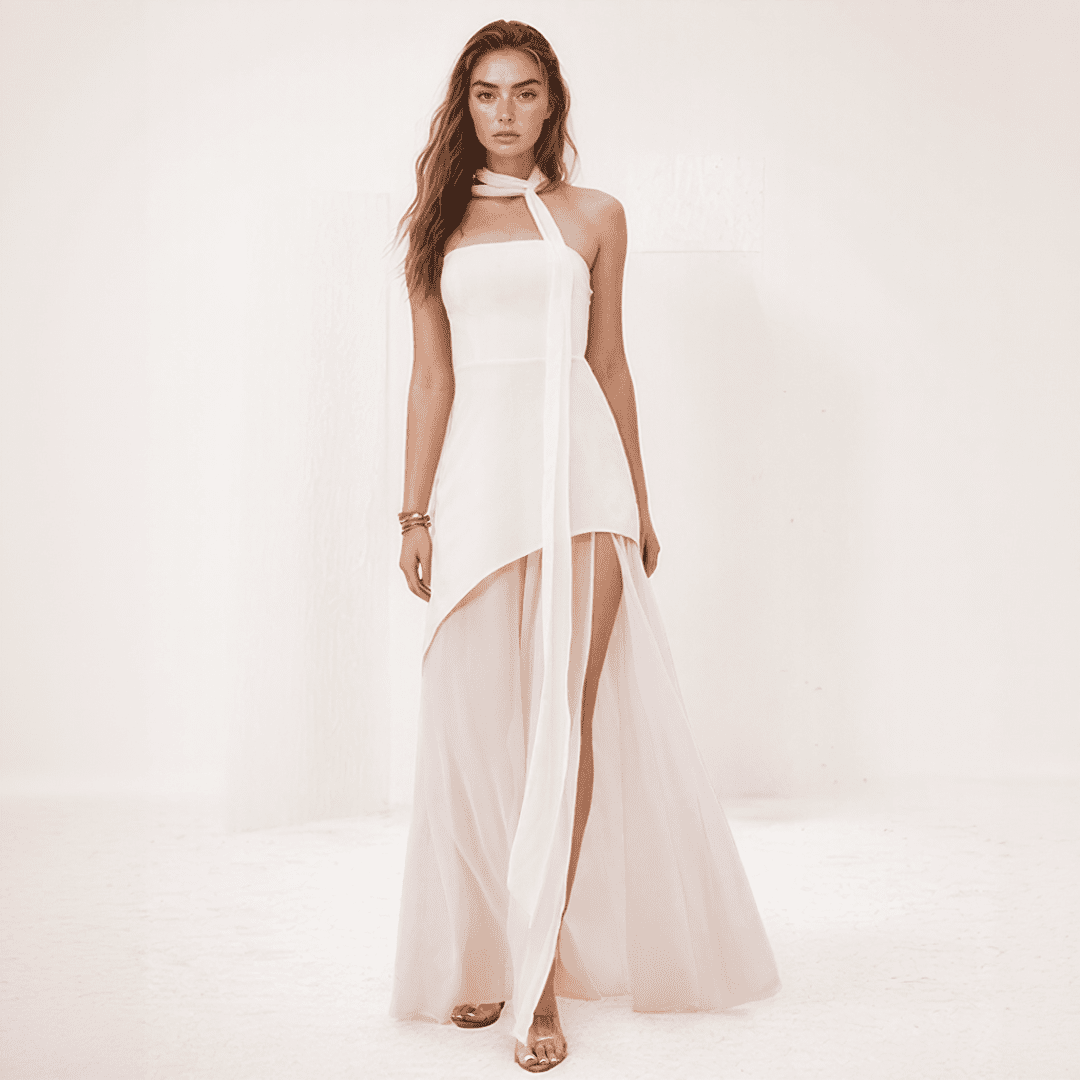 One-Shoulder Chiffon Gown | Draped Scarf Accent & High-Low Hem for Weddings and Formal Events