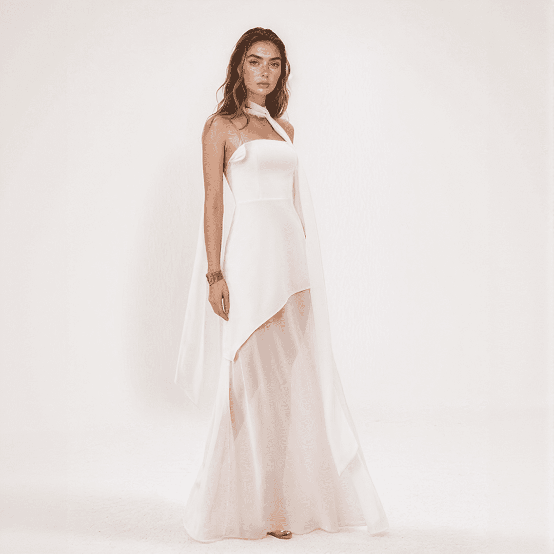 One-Shoulder Chiffon Gown | Draped Scarf Accent & High-Low Hem for Weddings and Formal Events
