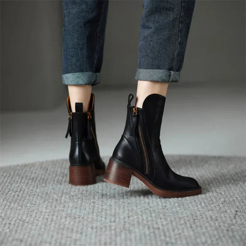 Women’s Zip-Up Ankle Boots | Block Heel, Side Zipper & Chic Back Tie Accent for Casual or Smart Outfits