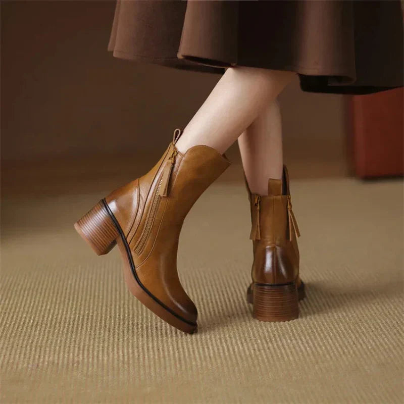 Women’s Zip-Up Ankle Boots | Block Heel, Side Zipper & Chic Back Tie Accent for Casual or Smart Outfits