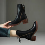 Women’s Zip-Up Ankle Boots | Block Heel, Side Zipper & Chic Back Tie Accent for Casual or Smart Outfits