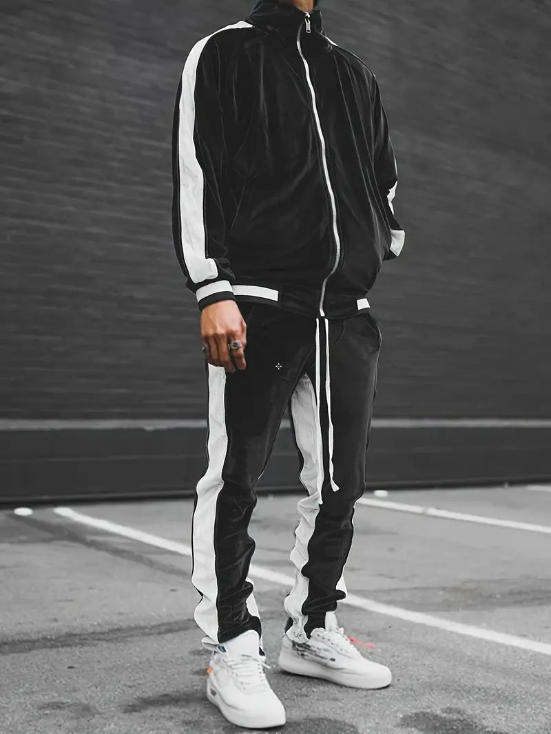 Men's Velvet Tracksuit 2-Piece Set | Full-Zip Jacket & Drawstring Joggers for Casual Comfort and Street Style