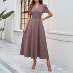 Women's V-Neck Puff Sleeve Maxi Dress | Fitted Waist for Elegant Occasions & Gatherings