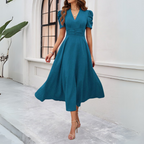 Women's V-Neck Puff Sleeve Maxi Dress | Fitted Waist for Elegant Occasions & Gatherings
