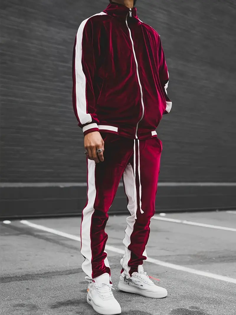 Men's Velvet Tracksuit 2-Piece Set | Full-Zip Jacket & Drawstring Joggers for Casual Comfort and Street Style