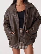 Women's Oversized Leather Bomber Jacket | Zipper Front, Relaxed Fit & Ideal for Modern Streetwear
