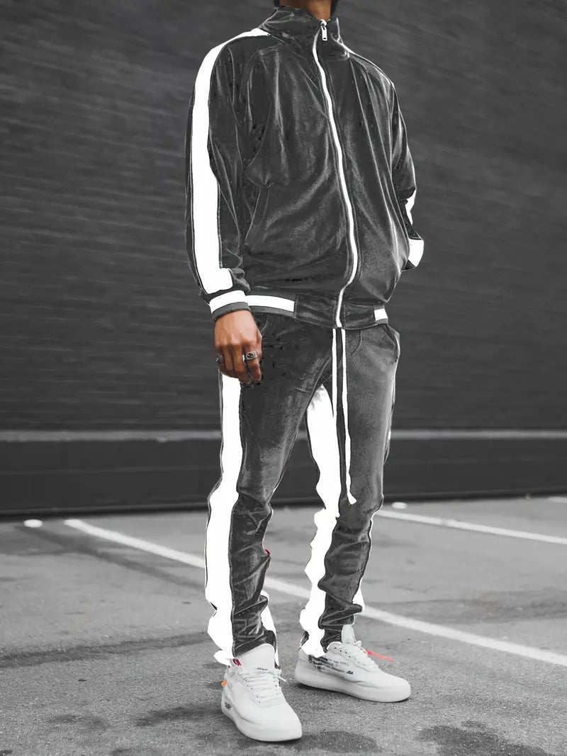 Men's Velvet Tracksuit 2-Piece Set | Full-Zip Jacket & Drawstring Joggers for Casual Comfort and Street Style