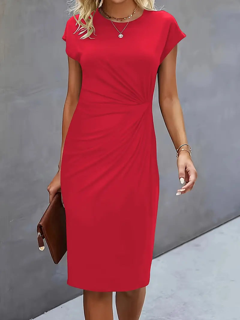 Women's Knee-Length Sheath Dress | Ruched Waist, Cap Sleeves & Ideal for Professional and Social Occasions