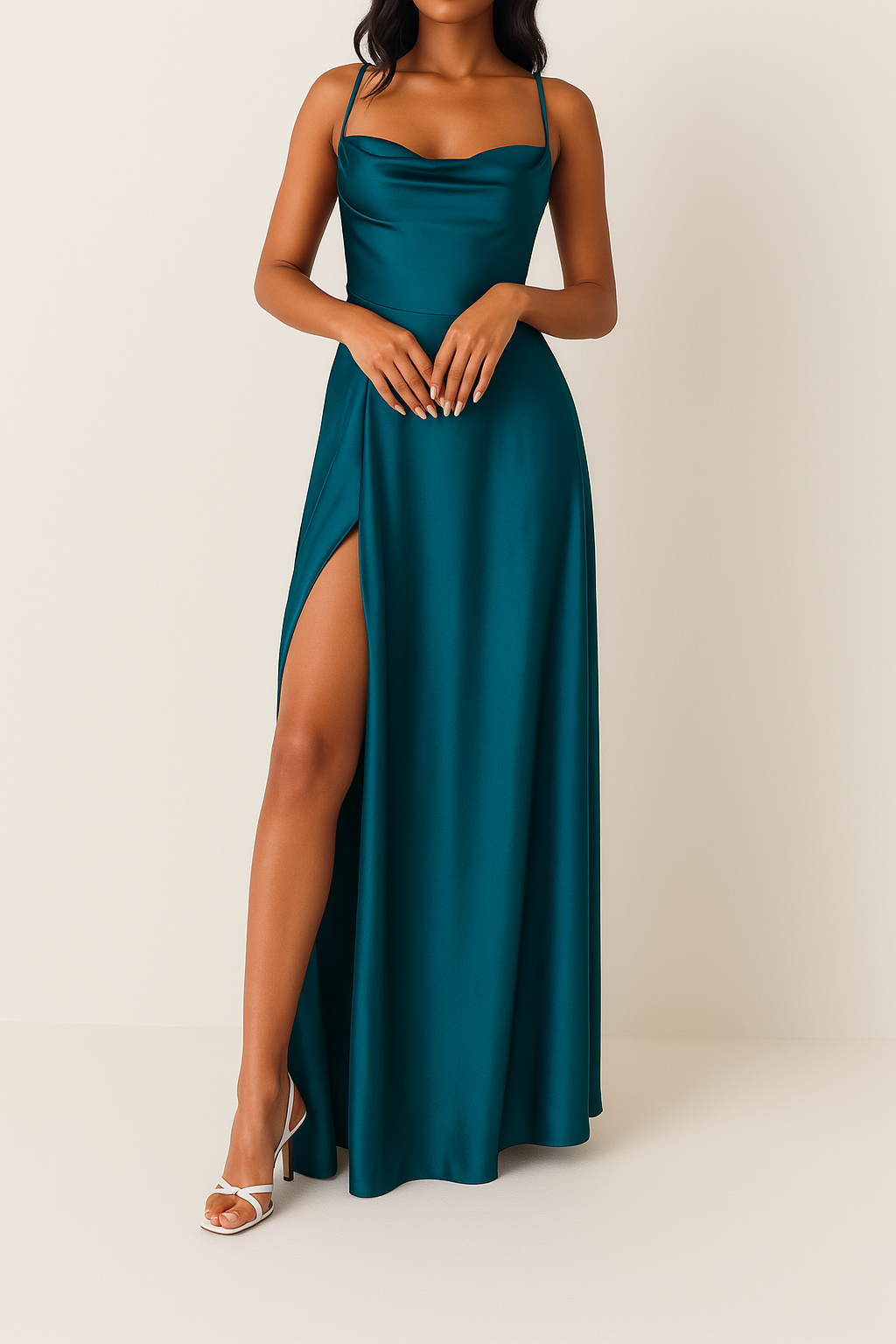 Women's Sleeveless Maxi Dress | Draped Neckline, High Side Slit & Ideal for Formal Events