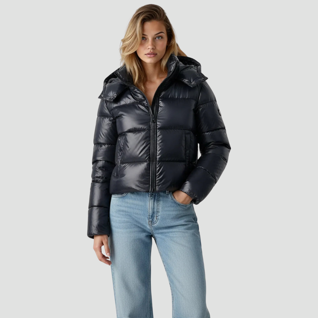 Shiny Puffer Jacket – Short Winter Jacket for Women with Modern Hood