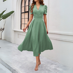 Women's V-Neck Puff Sleeve Maxi Dress | Fitted Waist for Elegant Occasions & Gatherings