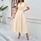 Women's V-Neck Puff Sleeve Maxi Dress | Fitted Waist for Elegant Occasions & Gatherings