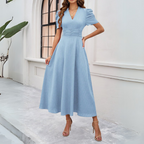 Women's V-Neck Puff Sleeve Maxi Dress | Fitted Waist for Elegant Occasions & Gatherings