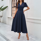 Women's V-Neck Puff Sleeve Maxi Dress | Fitted Waist for Elegant Occasions & Gatherings