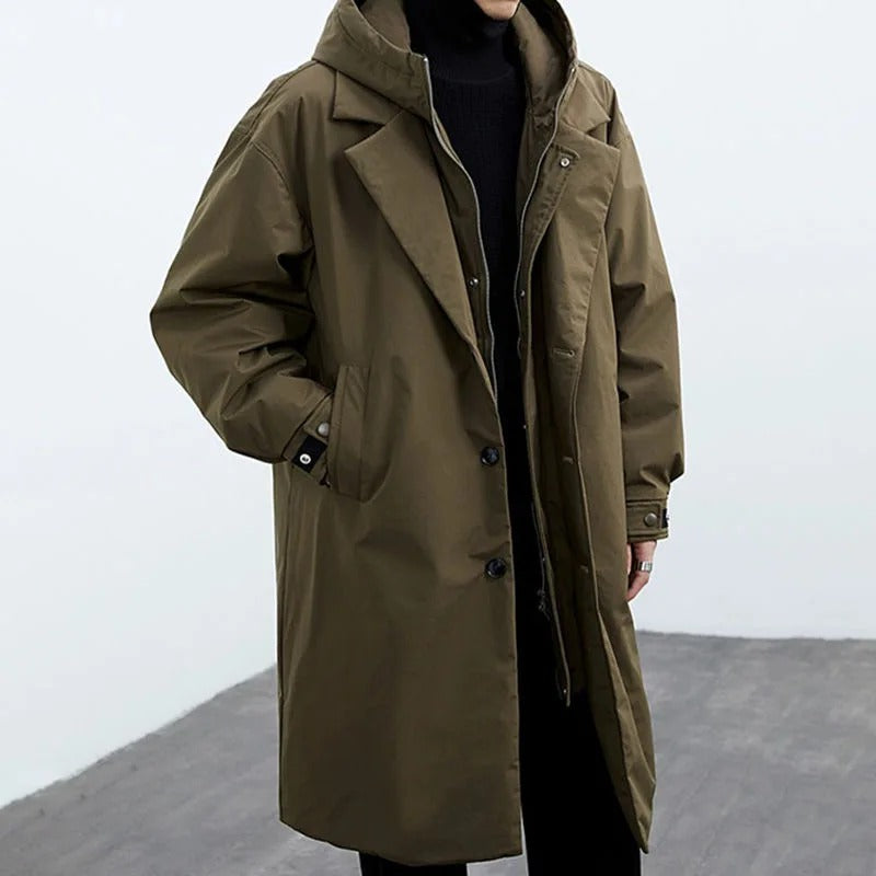 Men's Long Waterproof Puffer Trench Coat | Insulated, Hooded & Ideal for Cold Weather Protection