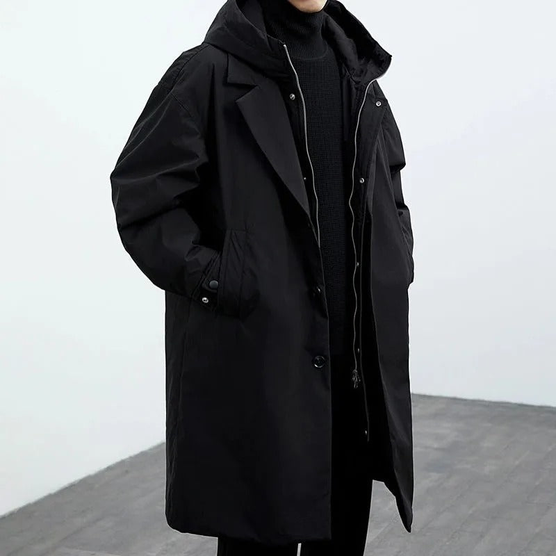 Men's Long Waterproof Puffer Trench Coat | Insulated, Hooded & Ideal for Cold Weather Protection