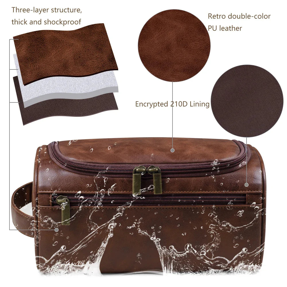 Mens Leather Wash Bag – Premium Toiletry Dopp Kit | Waterproof Travel Organizer