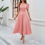 Women's V-Neck Puff Sleeve Maxi Dress | Fitted Waist for Elegant Occasions & Gatherings
