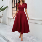 Women's V-Neck Puff Sleeve Maxi Dress | Fitted Waist for Elegant Occasions & Gatherings