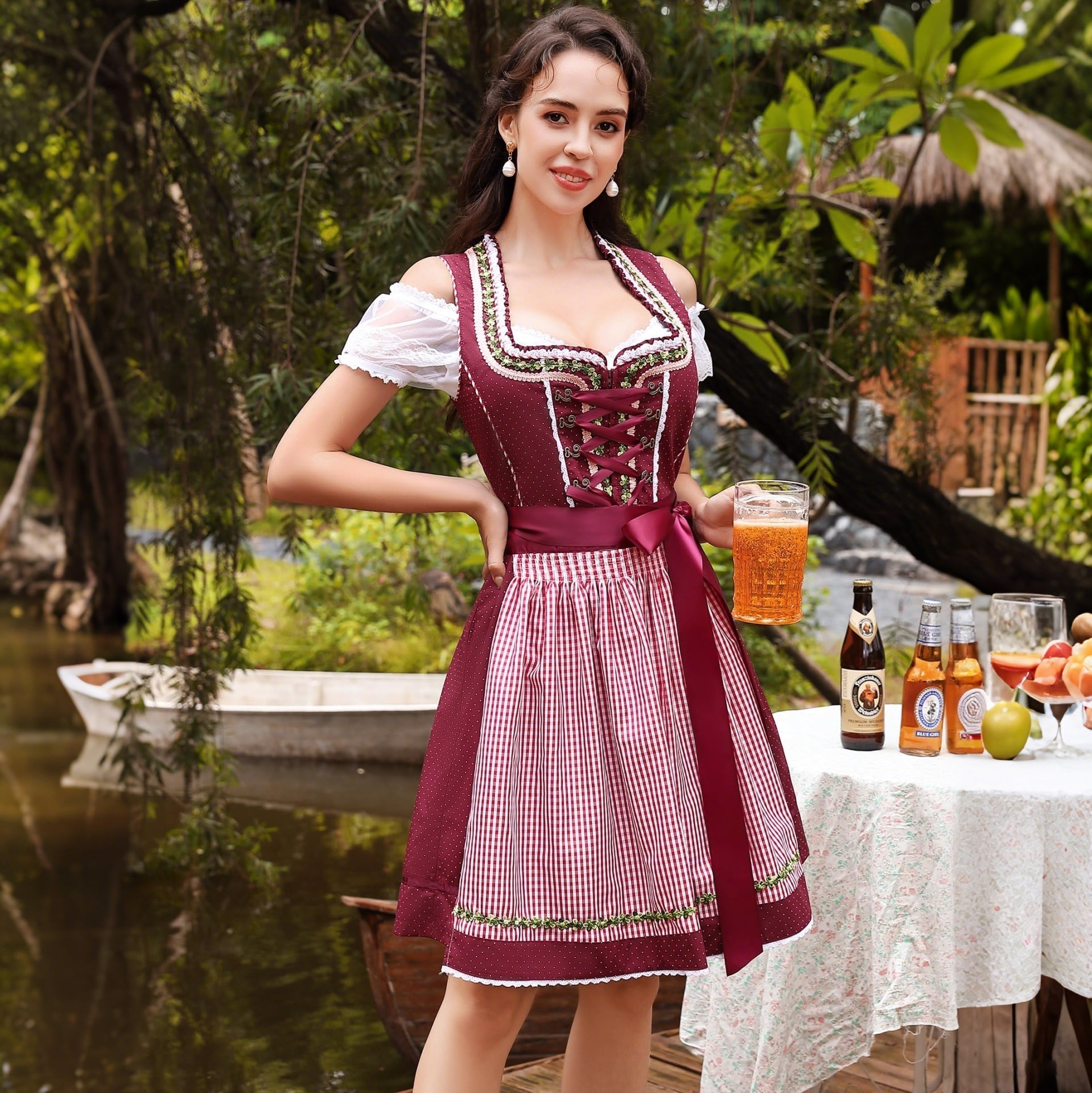 Women's Traditional Bavarian Dirndl Dress | Lace-Up Bodice, Off-Shoulder Sleeves & Perfect for Oktoberfest Celebrations