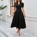 Women's V-Neck Puff Sleeve Maxi Dress | Fitted Waist for Elegant Occasions & Gatherings