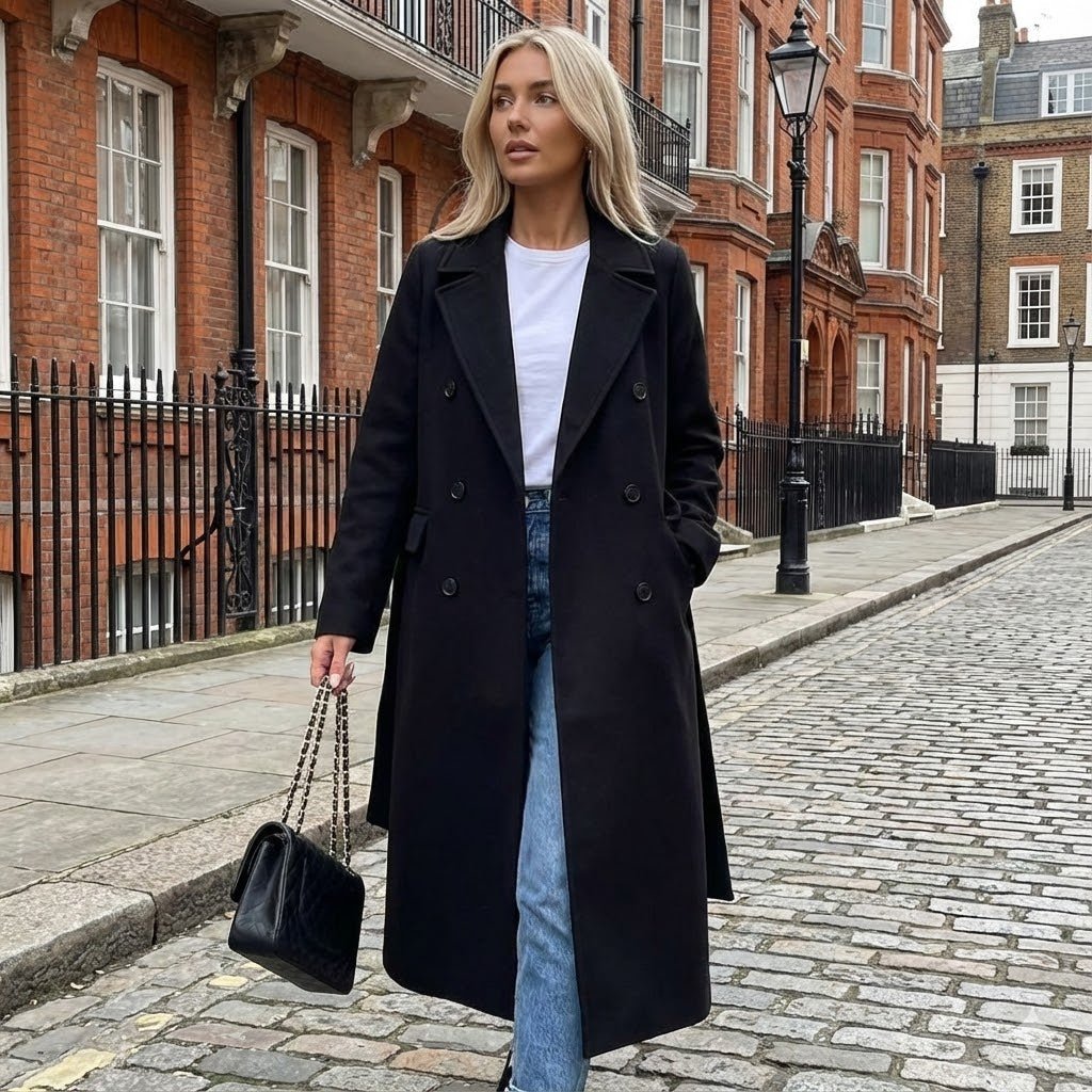 Women’s Long Double-Breasted Coat | Tailored Fit, Belted Waist & Ideal for Smart Casual and Evening Wear in Winter