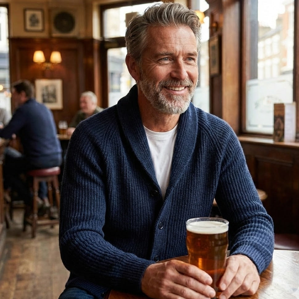 Men’s Ribbed Shawl Collar Cardigan | Smart Casual Layering with Front Pockets for Autumn & Winter