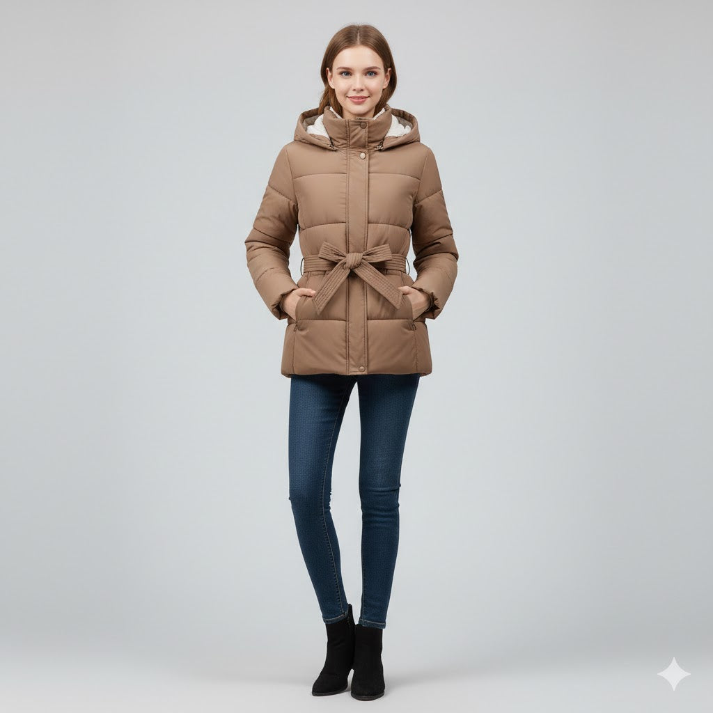 Warm Winter Jacket with Belt – Modern Puffer Hood for Women