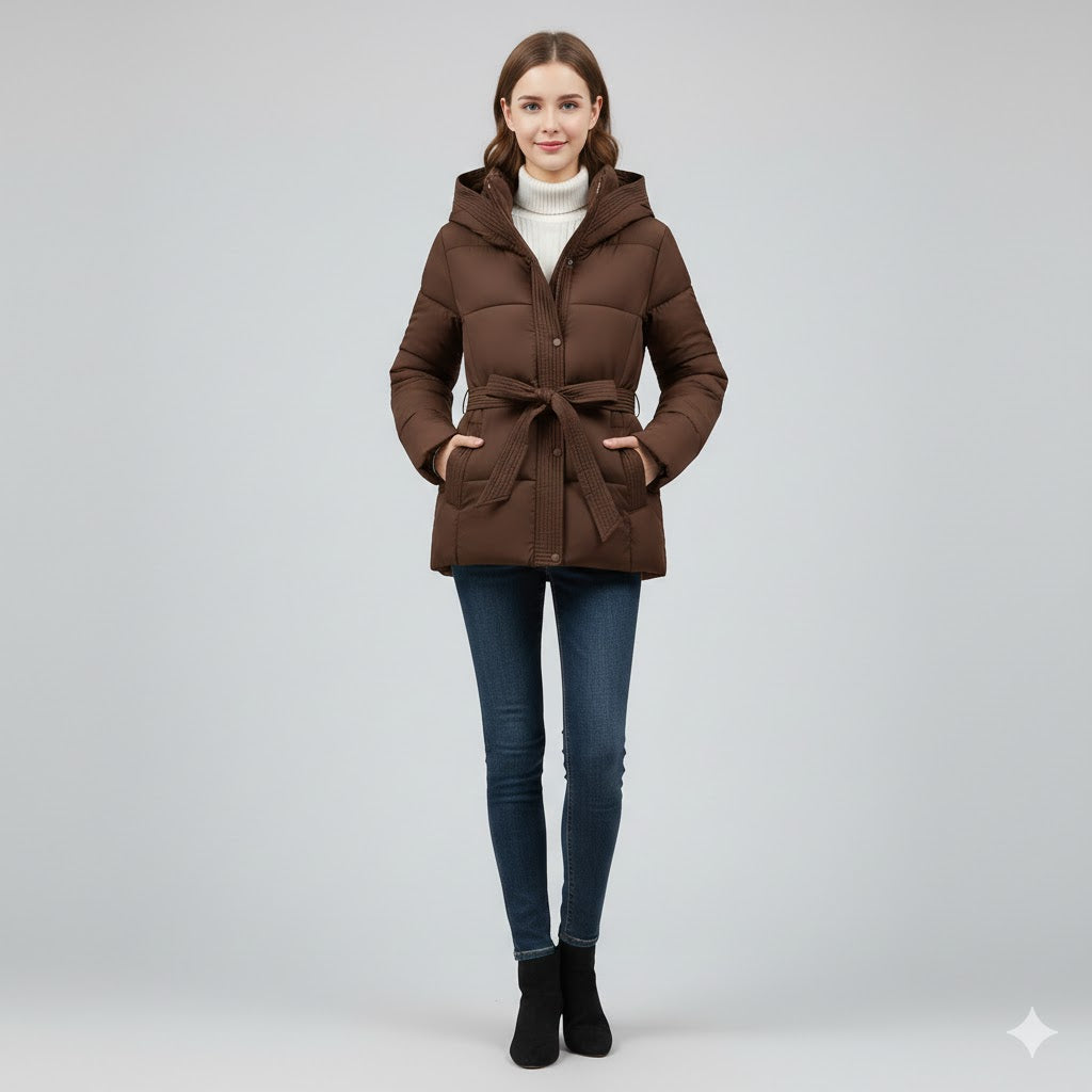 Warm Winter Jacket with Belt – Modern Puffer Hood for Women