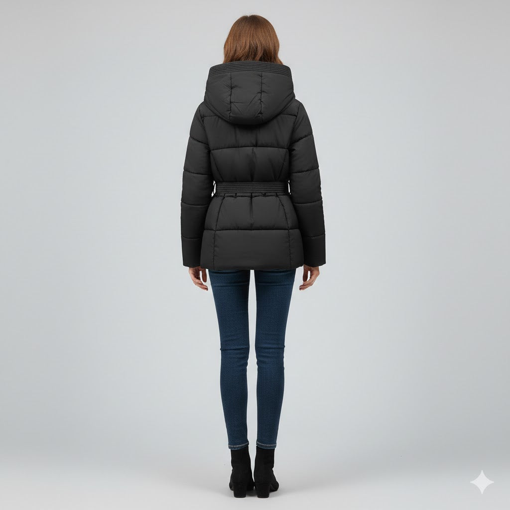 Warm Winter Jacket with Belt – Modern Puffer Hood for Women