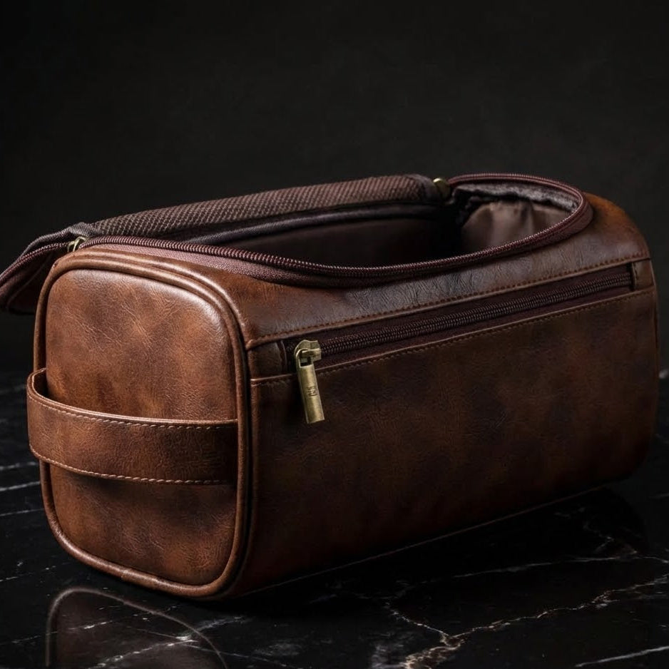 Mens Leather Wash Bag – Premium Toiletry Dopp Kit | Waterproof Travel Organizer