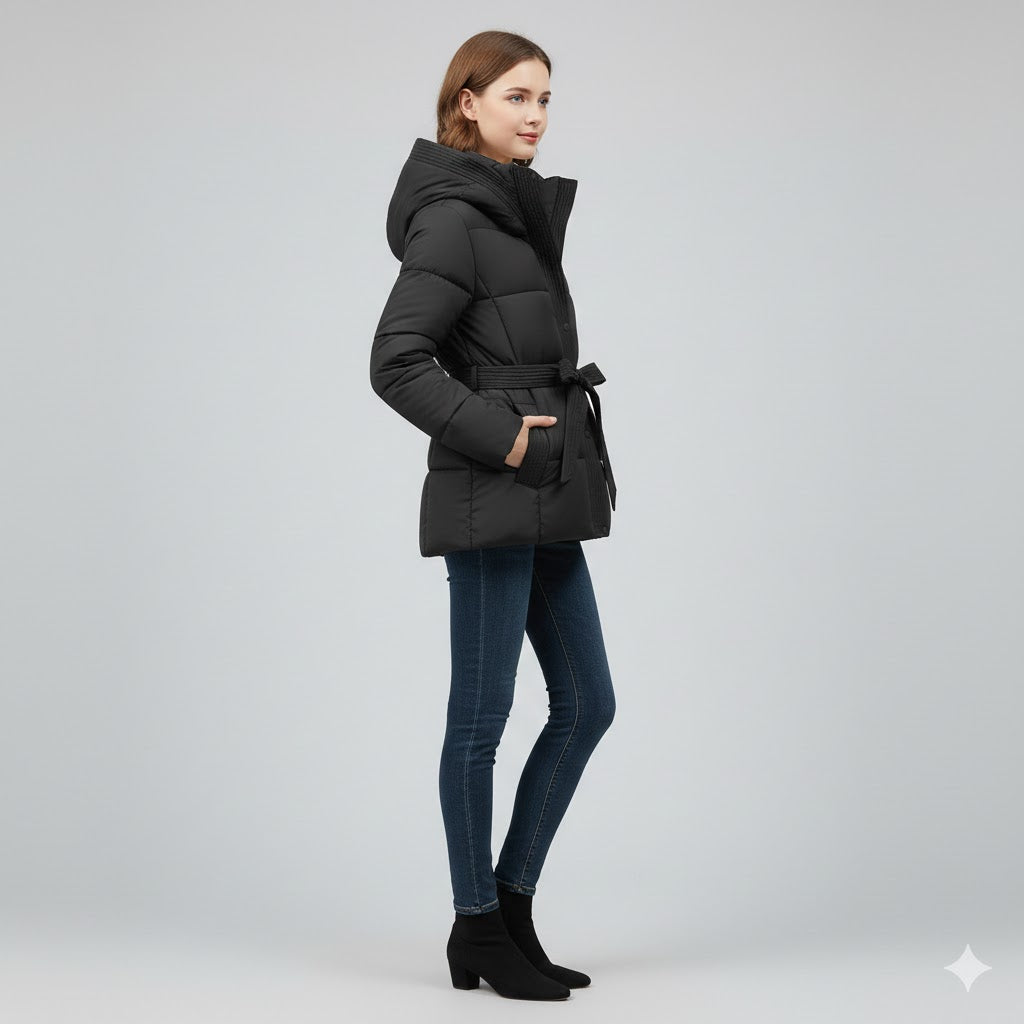 Warm Winter Jacket with Belt – Modern Puffer Hood for Women