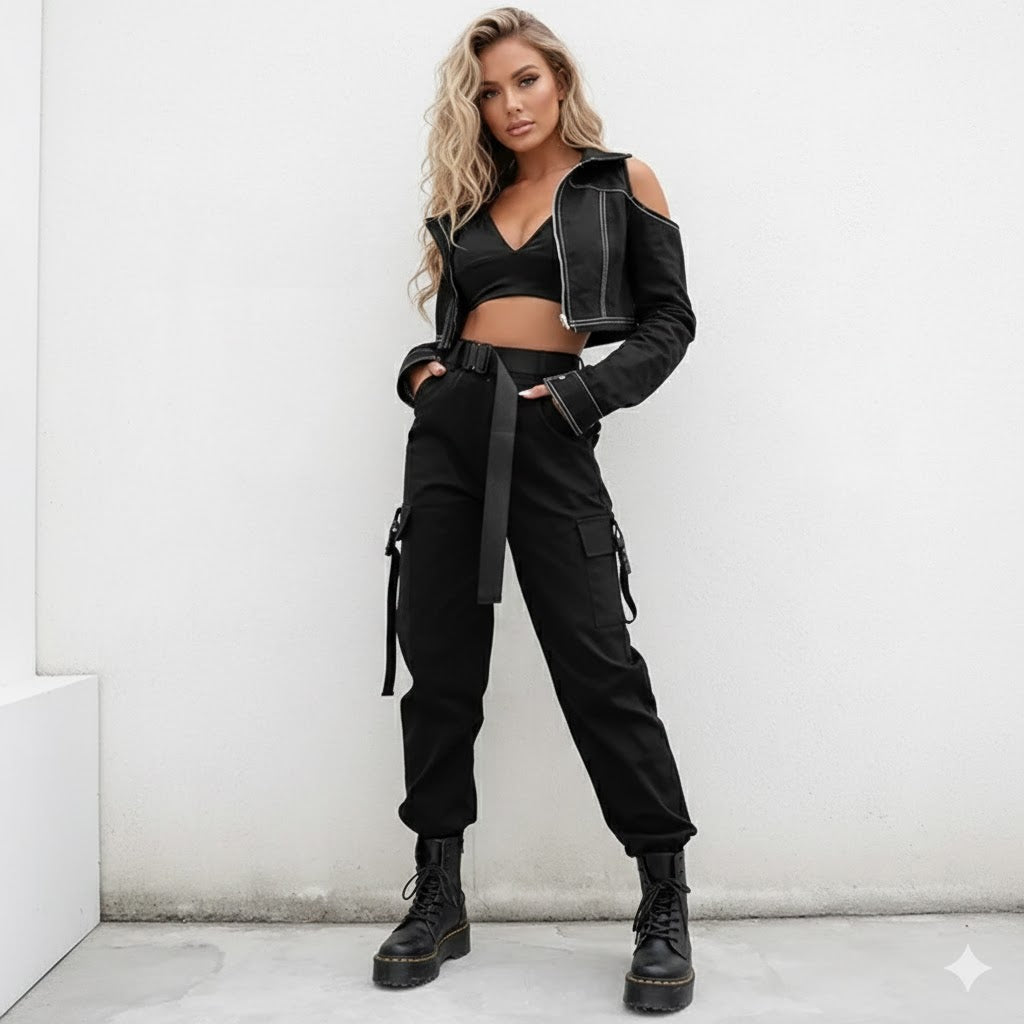 Women's High-Waisted Cargo Pants with Belt - Black Tactical Joggers Streetwear