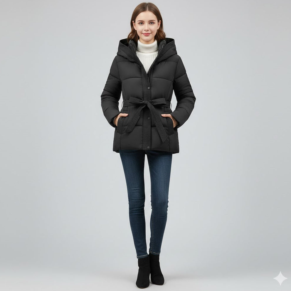 Warm Winter Jacket with Belt – Modern Puffer Hood for Women