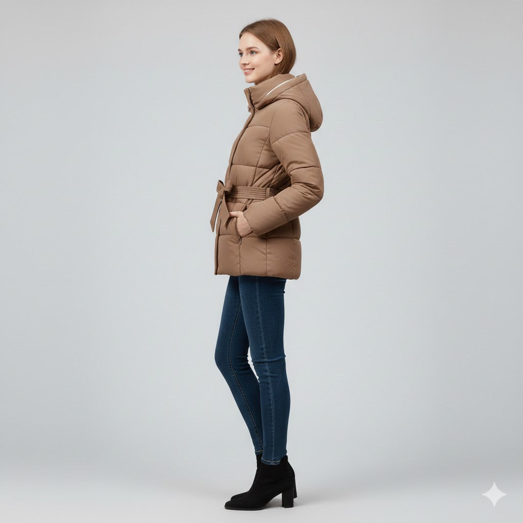 Warm Winter Jacket with Belt – Modern Puffer Hood for Women