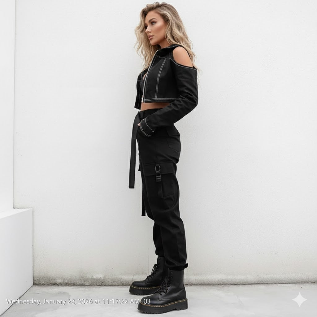 Women's High-Waisted Cargo Pants with Belt - Black Tactical Joggers Streetwear