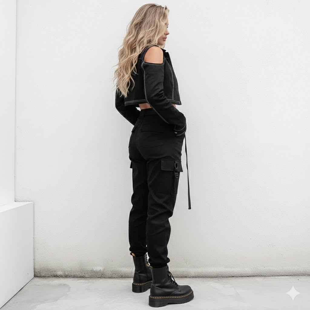 Women's High-Waisted Cargo Pants with Belt - Black Tactical Joggers Streetwear